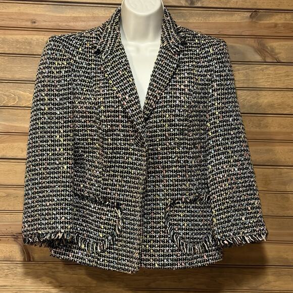 Boho Chic Women’s Tweed Style Collared Lined Short Blazer Fringed Hem Sz 10 USA - Picture 1 of 13